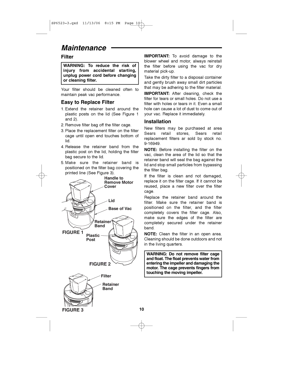 Craftsman 113.177135 owner manual Maintenance, Easy to Replace Filter, Installation 