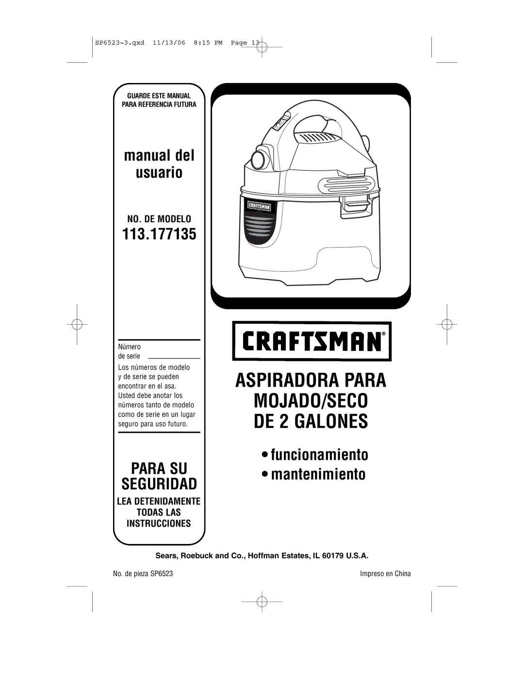 Craftsman 113.177135 owner manual Aspiradora Para 