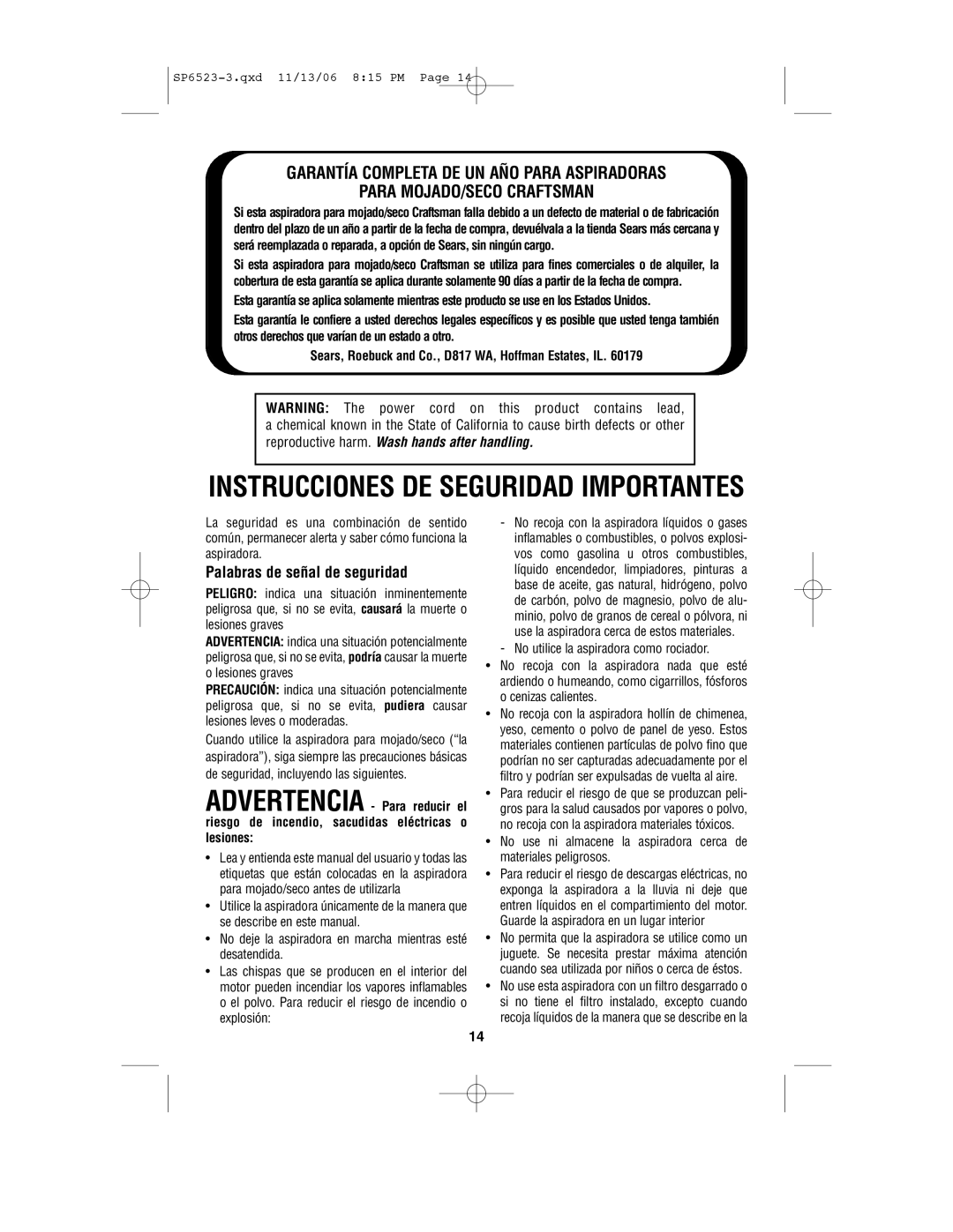 Craftsman 113.177135 owner manual Instrucciones DE Seguridad Importantes, Palabras de señal de seguridad 