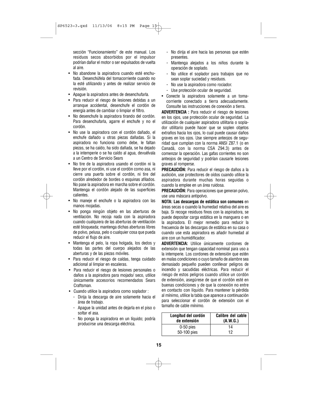 Craftsman 113.177135 owner manual Longitud del cordón Calibre del cable 