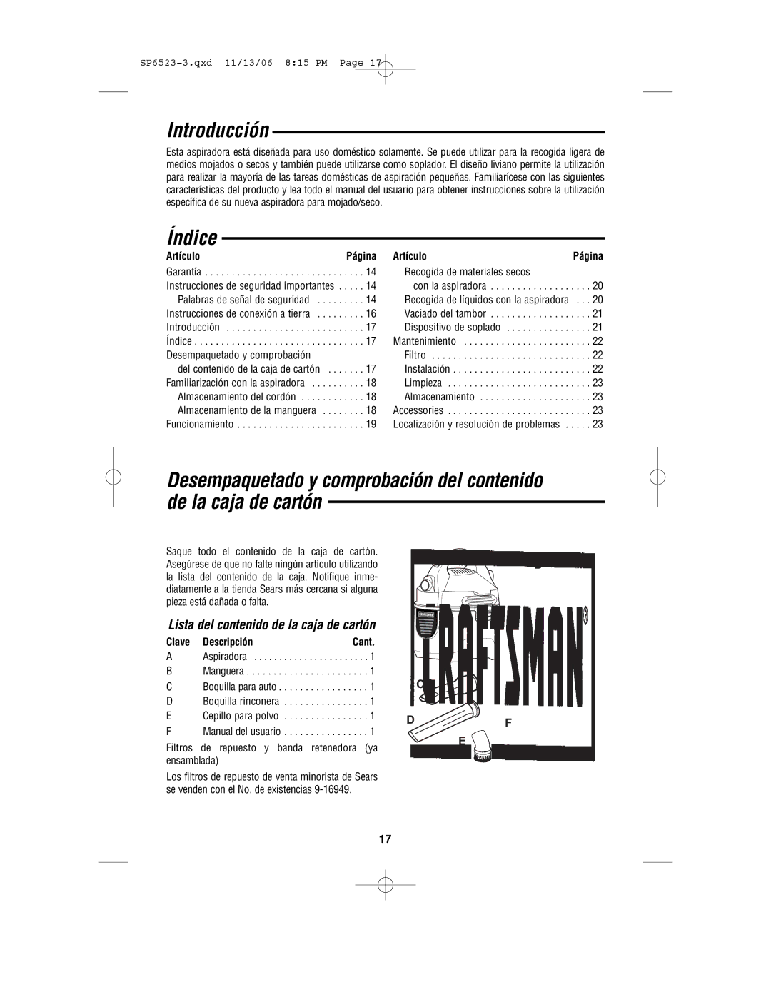 Craftsman 113.177135 owner manual Introducción, Índice 