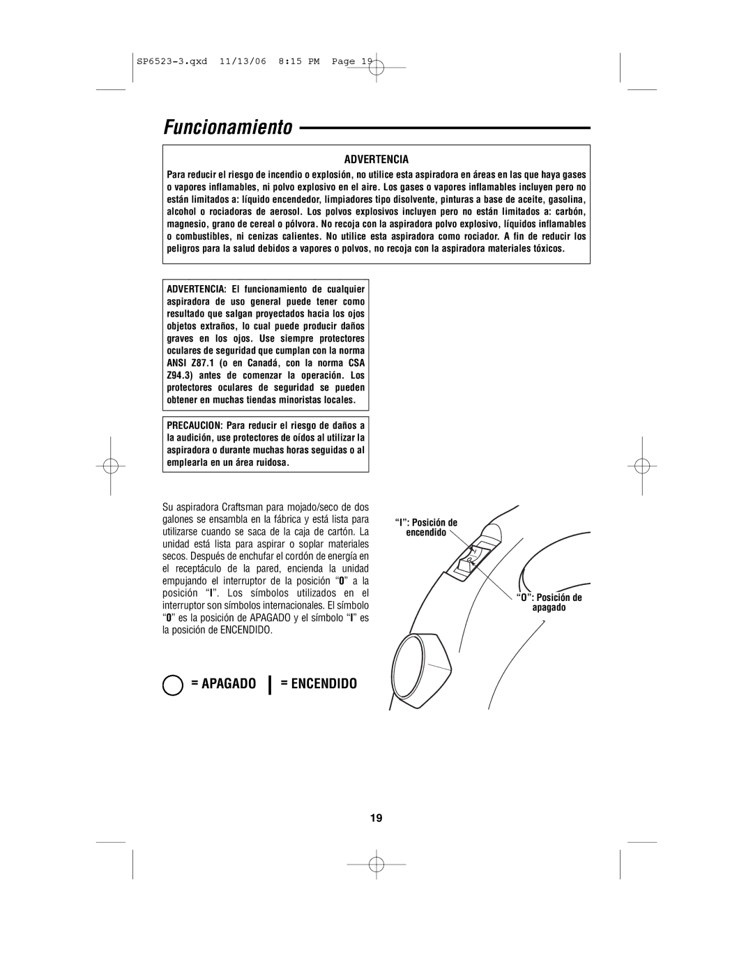 Craftsman 113.177135 owner manual Funcionamiento, Advertencia 