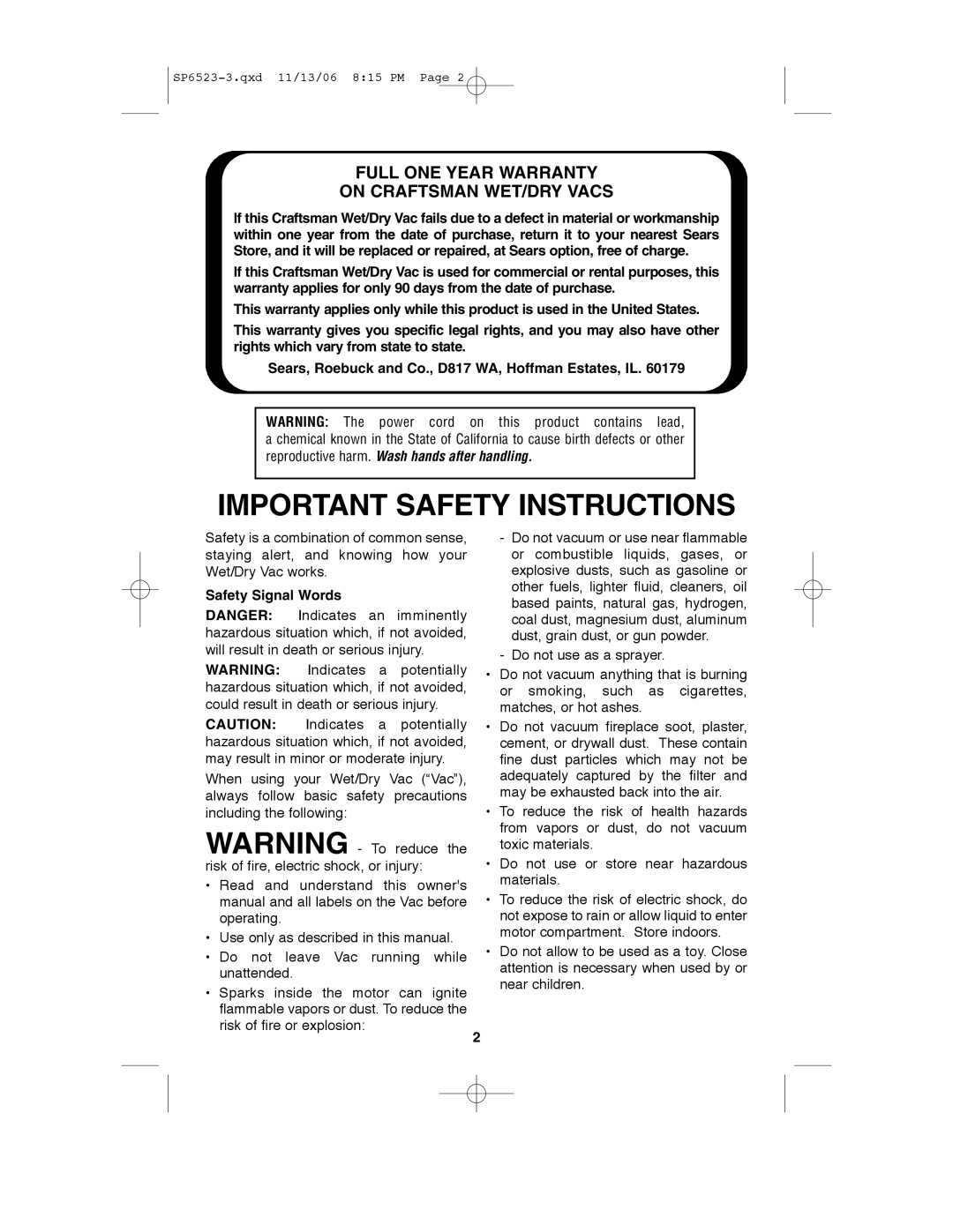 Craftsman 113.177135 owner manual Important Safety Instructions 