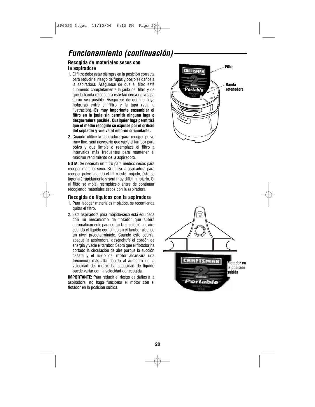 Craftsman 113.177135 owner manual Funcionamiento continuación, Recogida de materiales secos con la aspiradora 