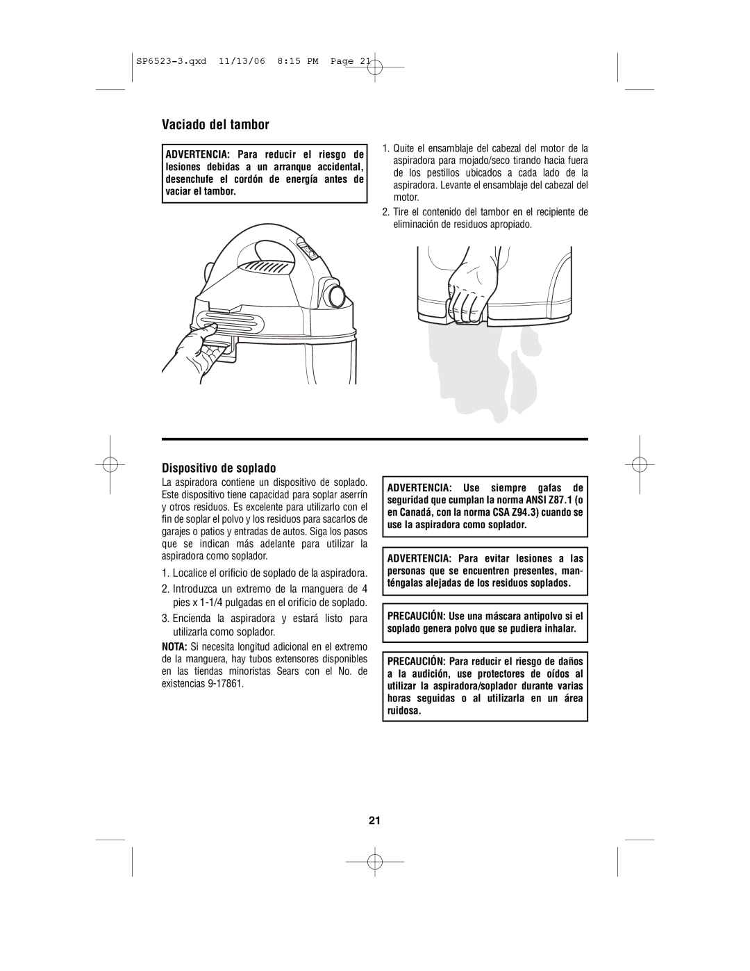 Craftsman 113.177135 owner manual Vaciado del tambor, Dispositivo de soplado 