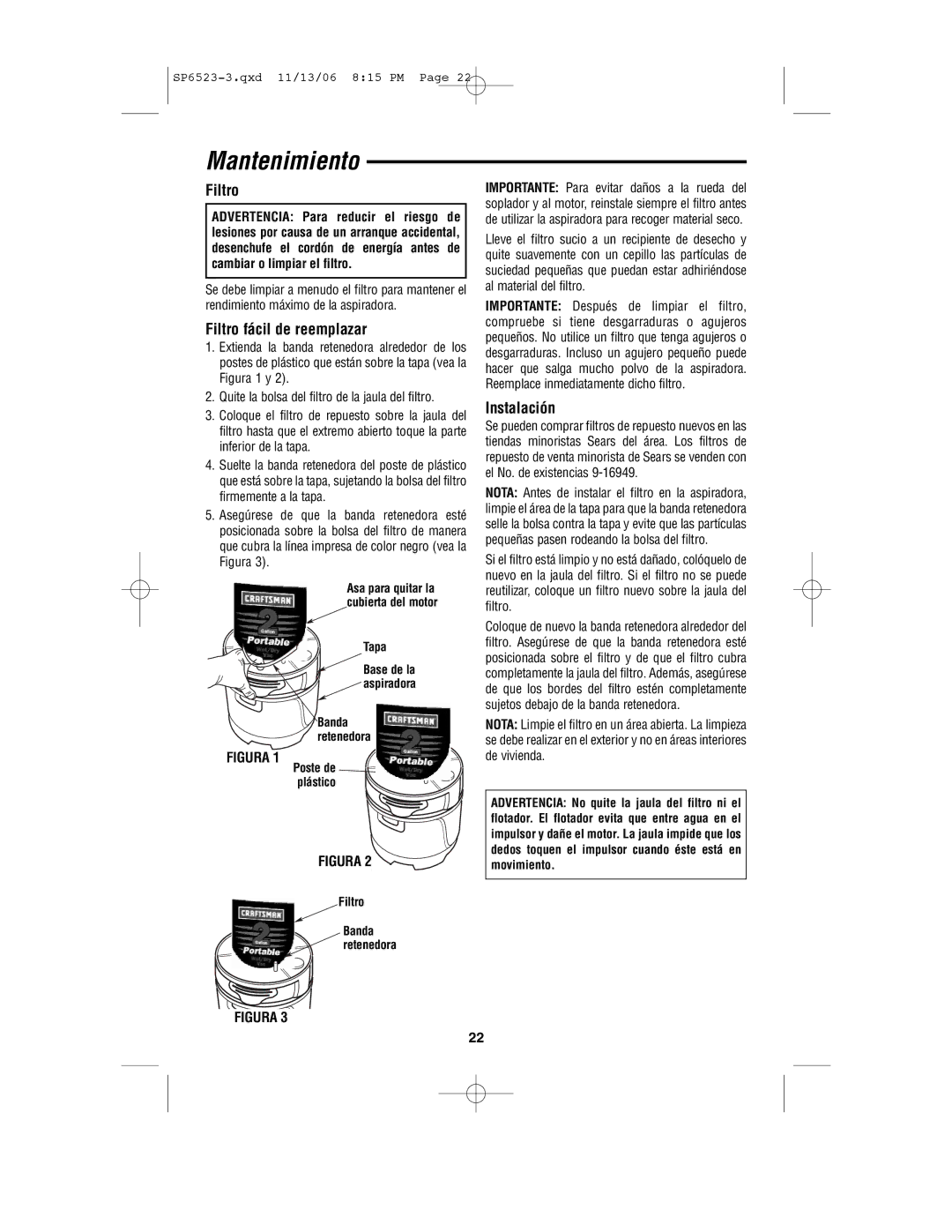 Craftsman 113.177135 owner manual Mantenimiento, Filtro fácil de reemplazar, Instalación 