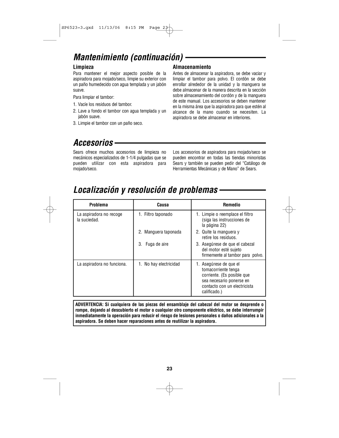 Craftsman 113.177135 owner manual Mantenimiento continuación, Accesorios, Localización y resolución de problemas, Limpieza 