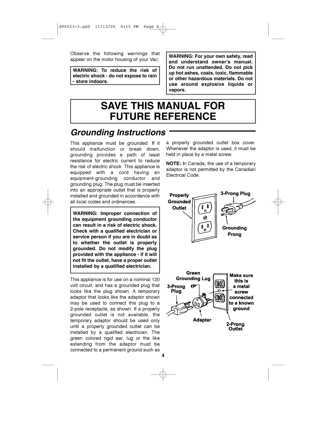 Craftsman 113.177135 owner manual Save this Manual for Future Reference, Grounding Instructions 