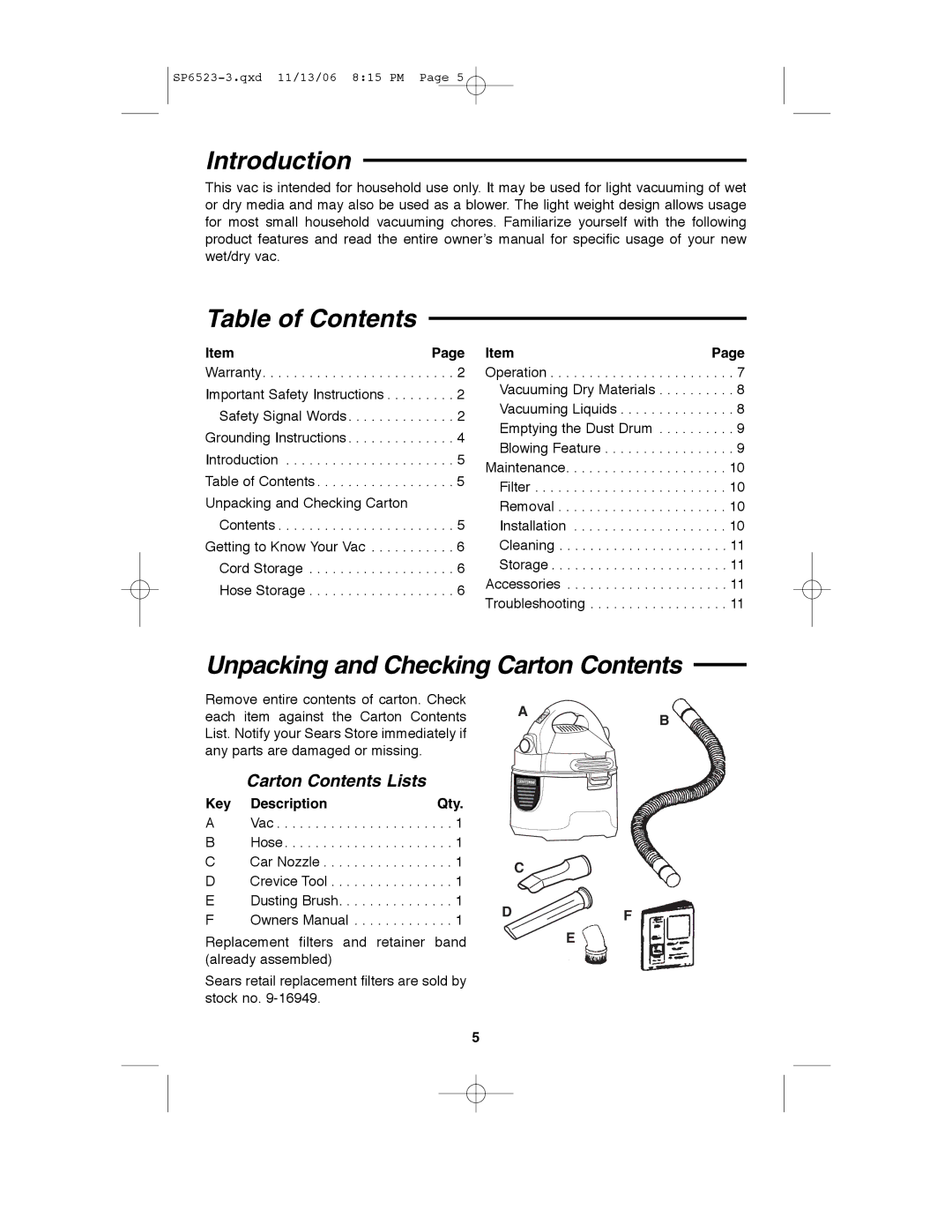 Craftsman 113.177135 owner manual Introduction Table of Contents, Unpacking and Checking Carton Contents 