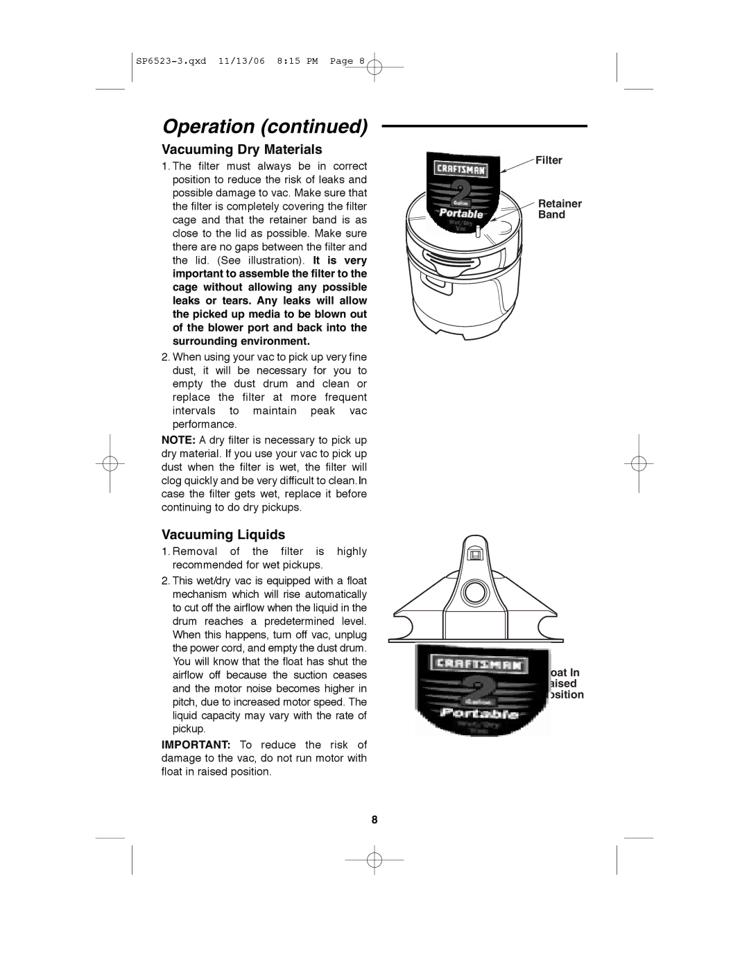 Craftsman 113.177135 owner manual Vacuuming Dry Materials, Vacuuming Liquids 