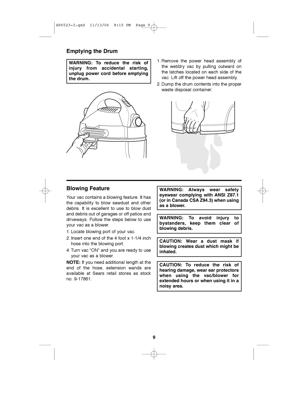 Craftsman 113.177135 owner manual Emptying the Drum, Blowing Feature 