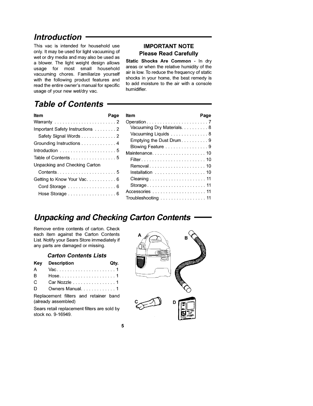 Craftsman 113.177135 owner manual Introduction, of Contents, Unpacking and Checking Carton Contents 
