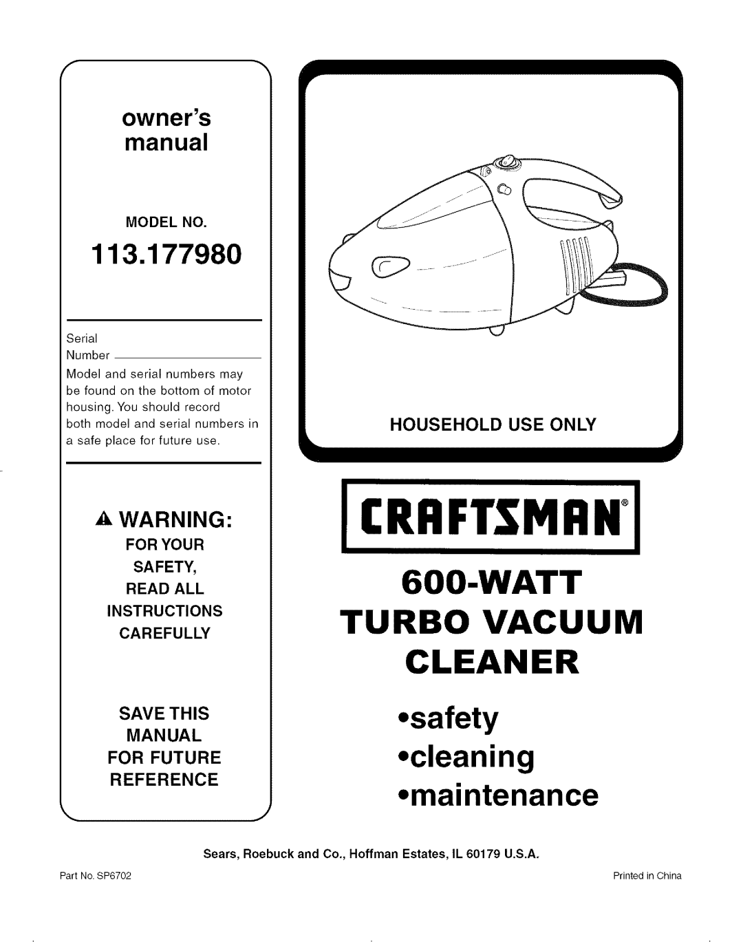 Craftsman 113.17798O, 113.177980 owner manual CRHFT$1qHNo, Turbo Vacuum Cleaner 