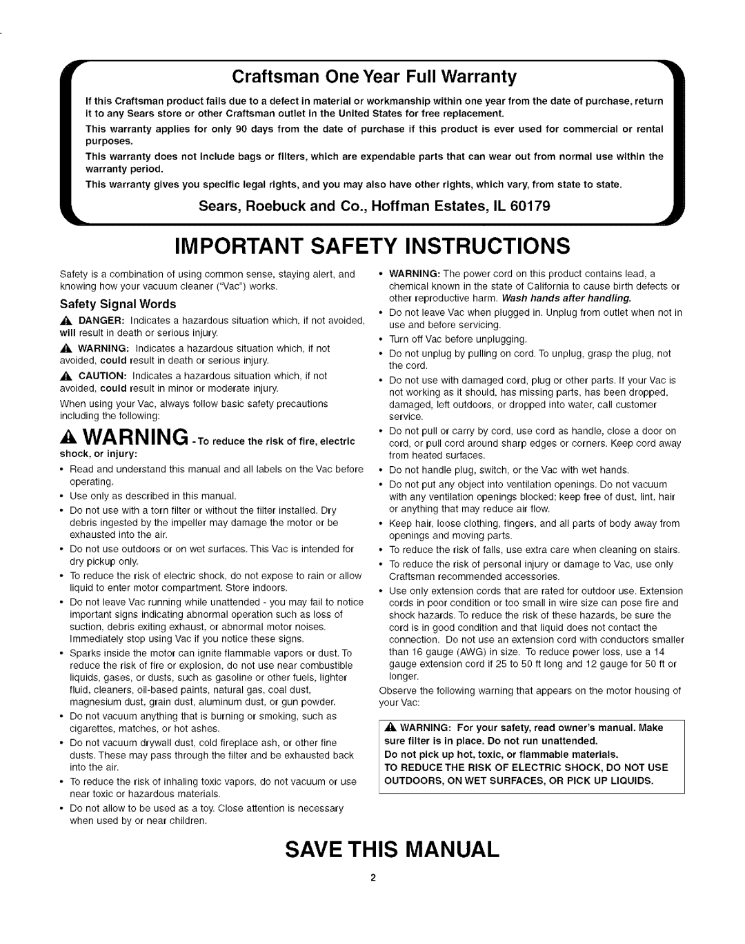 Craftsman 113.177980, 113.17798O owner manual Craftsman One Year Full Warranty, Safety Signal Words 