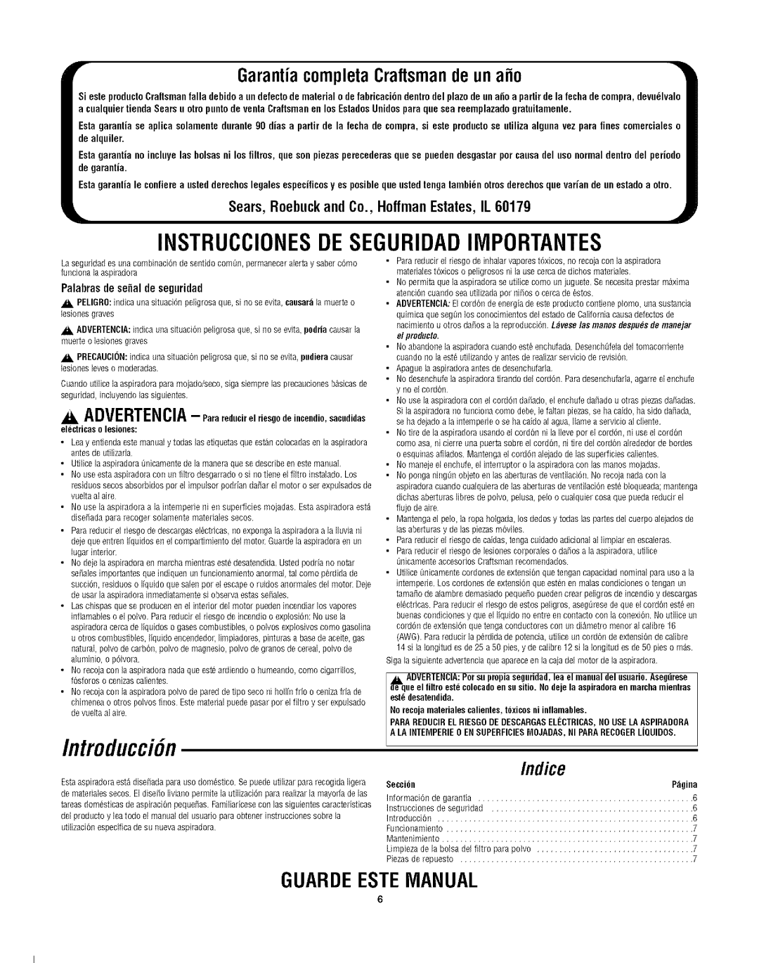 Craftsman 113.177980, 113.17798O Introducci6n, GarantiacompletaCraftsmandeun afio, Palabras de serialde seguridad 