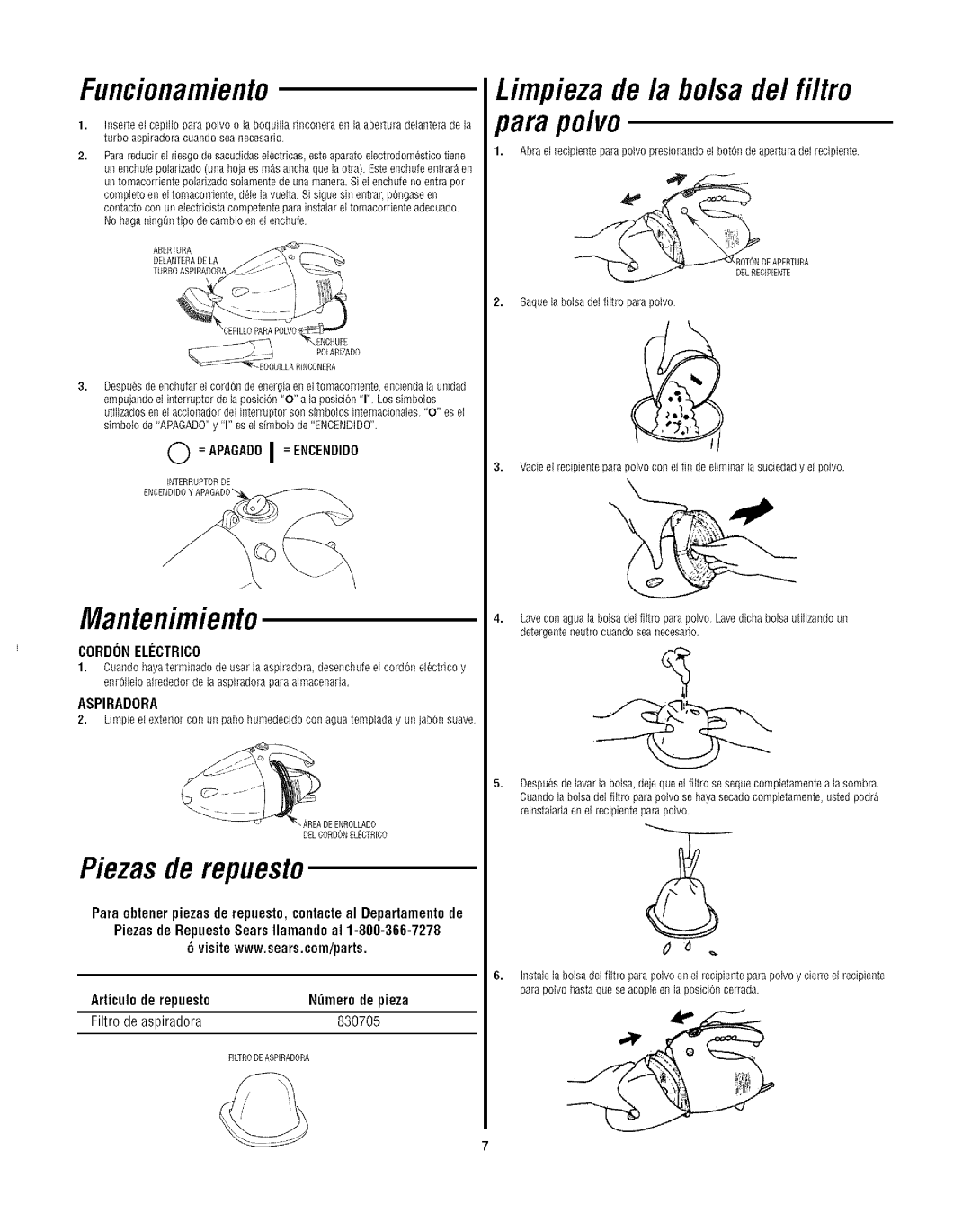 Craftsman 113.17798O, 113.177980 owner manual Funcionamiento, Limpieza de la bolsa del filtro para polvo, Piezas de repuesto 