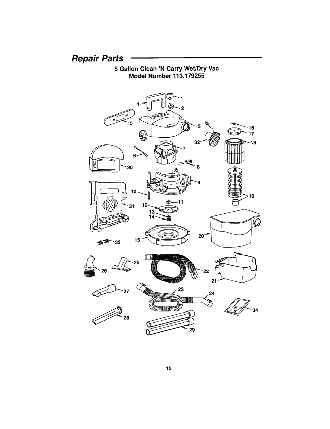 Craftsman 113.179255 owner manual Repair Parts, Gallon Clean NCarry Wet/Dry Vac, Model Number 