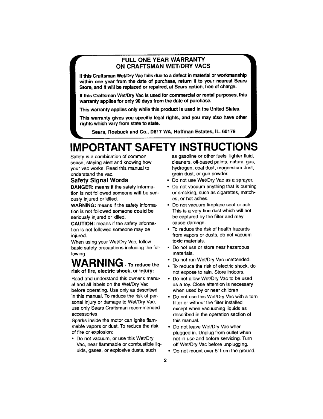 Craftsman 113.179255 owner manual Important Safety Instructions 