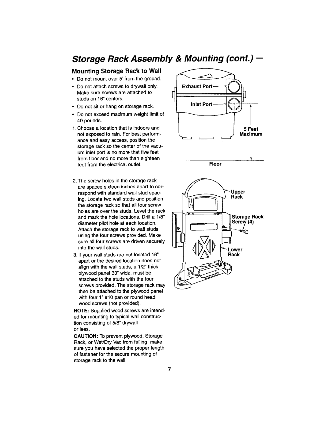 Craftsman 113.179255 owner manual Storage Rack Assembly, Mounting Storage Rack to Wail 