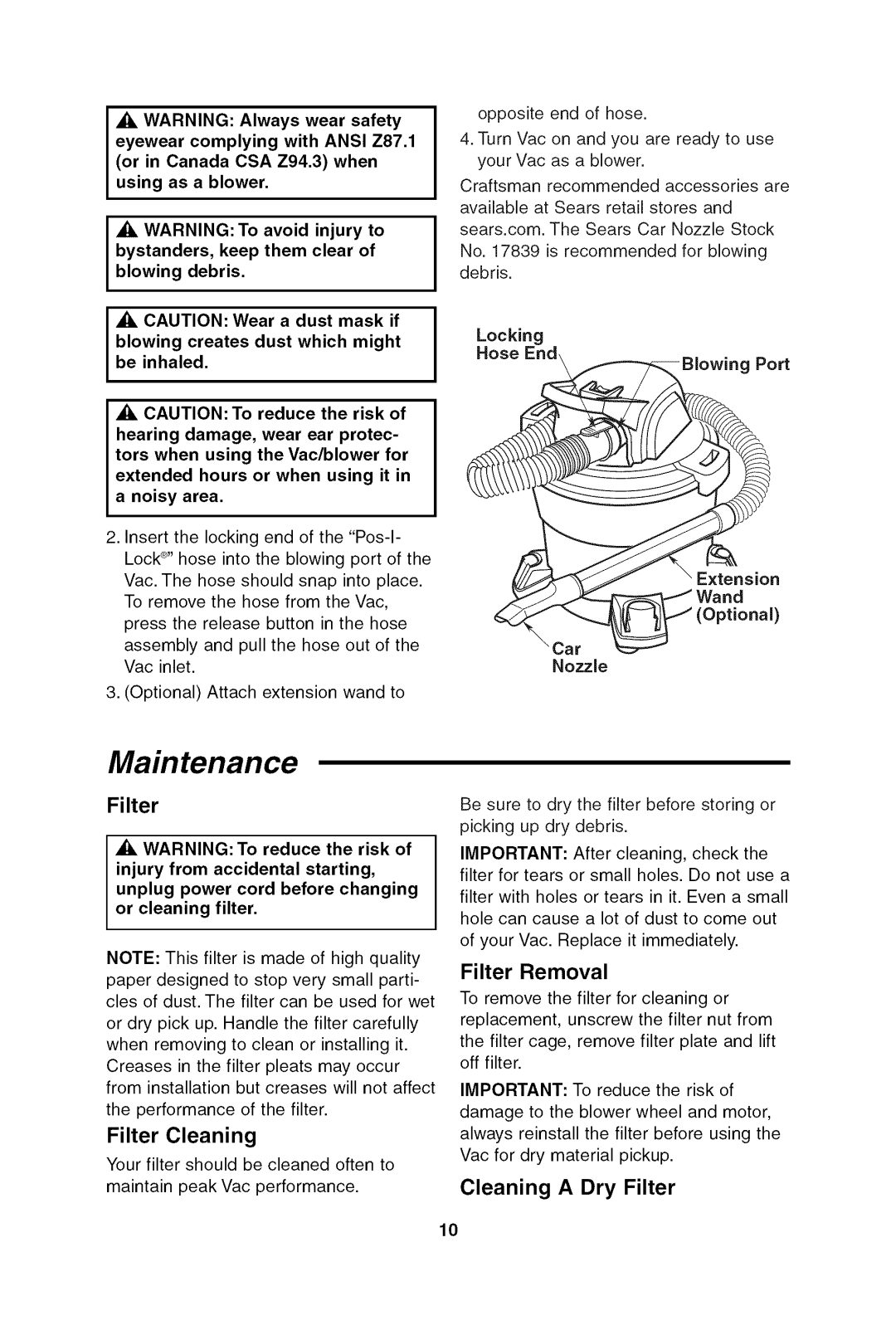 Craftsman 113.17965 owner manual Maintenance, Extension, Filter Removal 