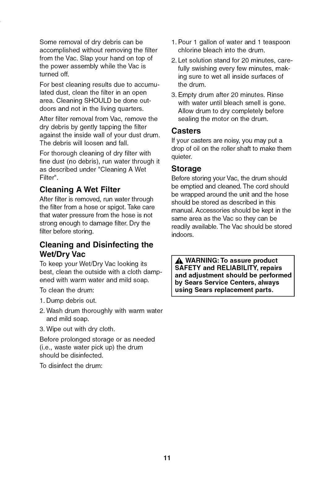 Craftsman 113.17965 owner manual Cleaning a Wet Filter, Cleaning and Disinfecting Wet/Dry Vac, Casters, Storage 