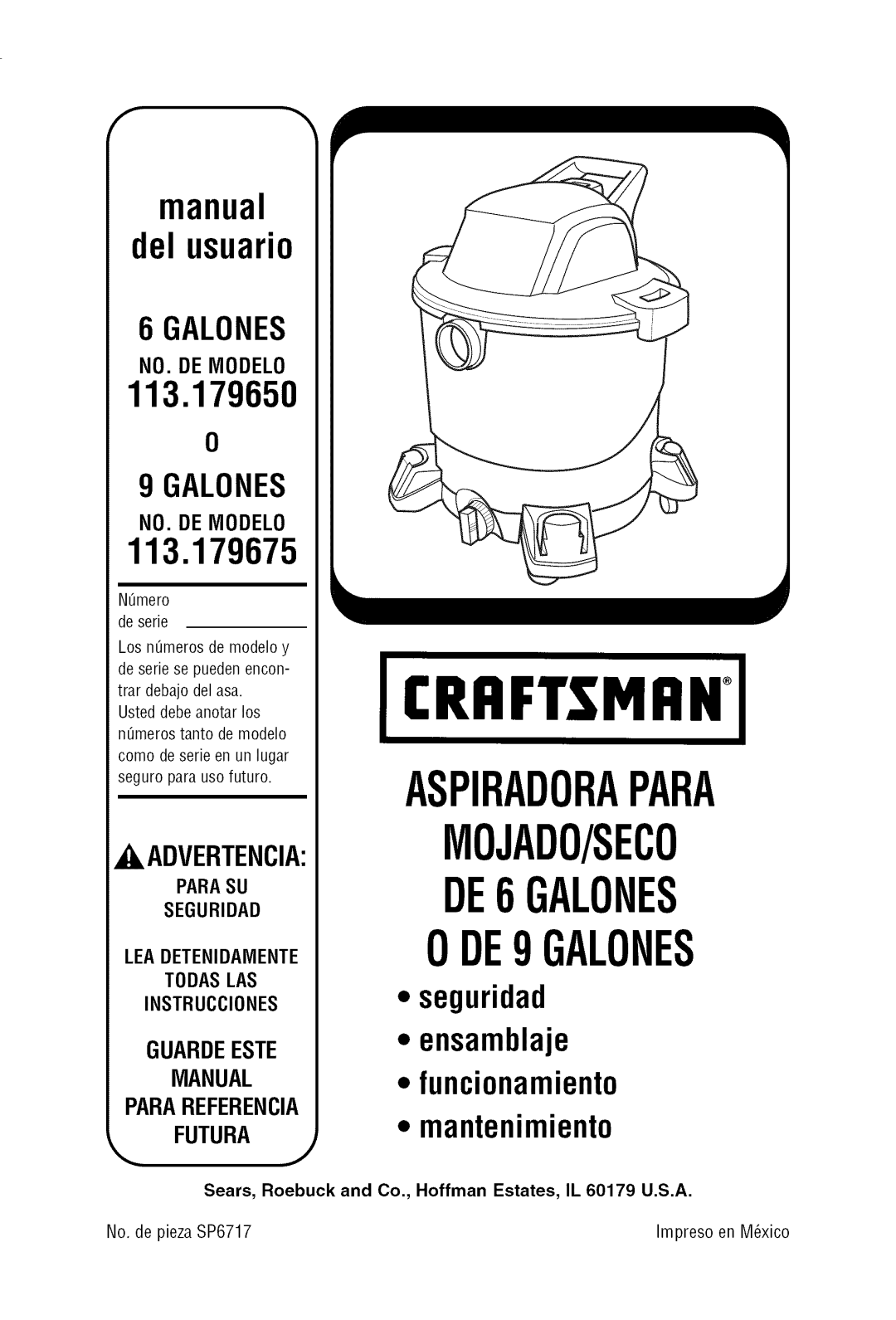 Craftsman 113.17965 owner manual 113.179675, LEA DETENIDAIVlENTE 