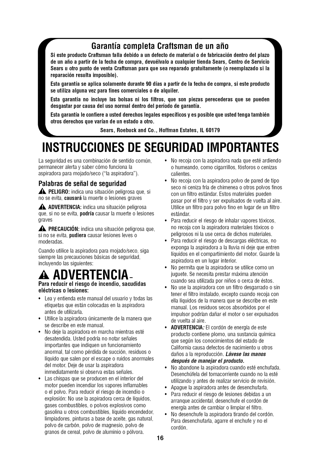 Craftsman 113.17965 owner manual Garantia completaCraftsmande un afio, Palabras de serialde seguridad 