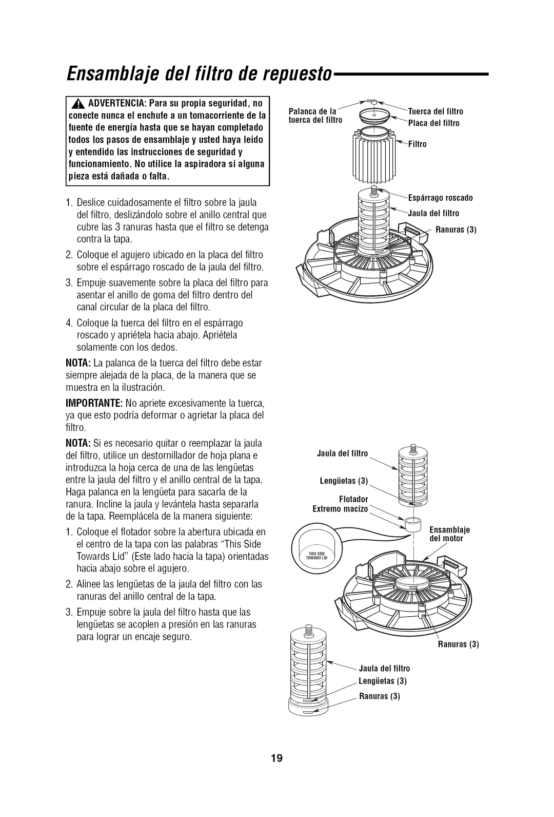 Craftsman 113.17965 owner manual Ensamblaje de/filtro de repuesto, Empujesuavementesobre la placadelfiltro para 