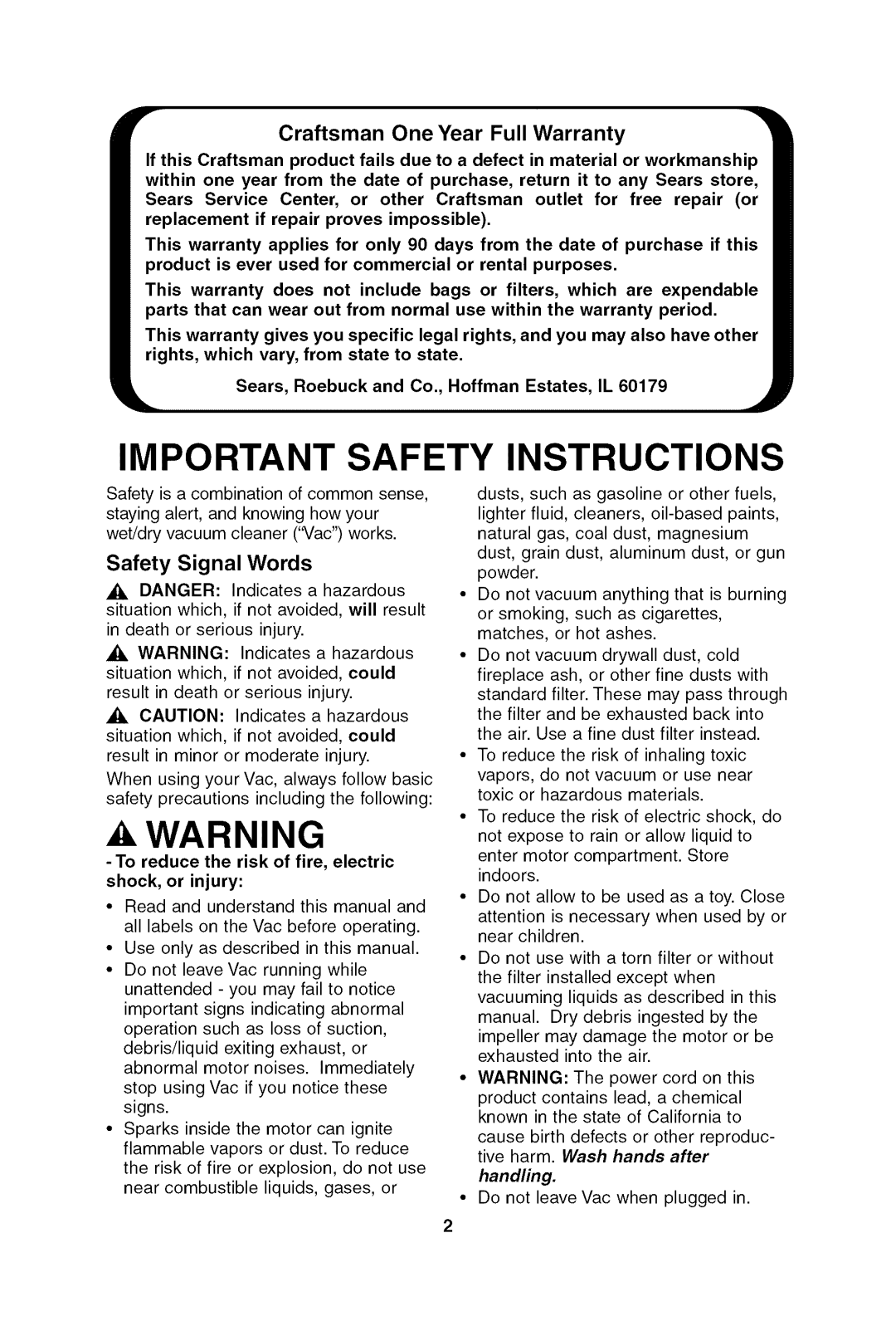 Craftsman 113.17965 owner manual Craftsman One Year Full Warranty, Safety Signal Words 