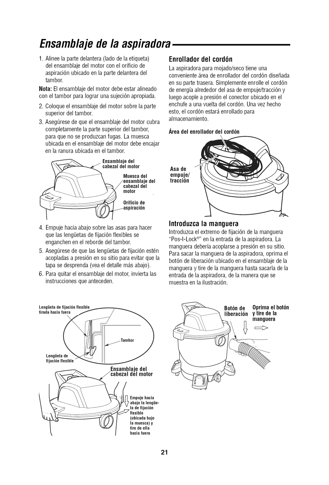 Craftsman 113.17965 Ensamb/ajede la aspiradora, Enrolladordel cord6n, Introduzca la manguera, Ensamblajedel delmotor 