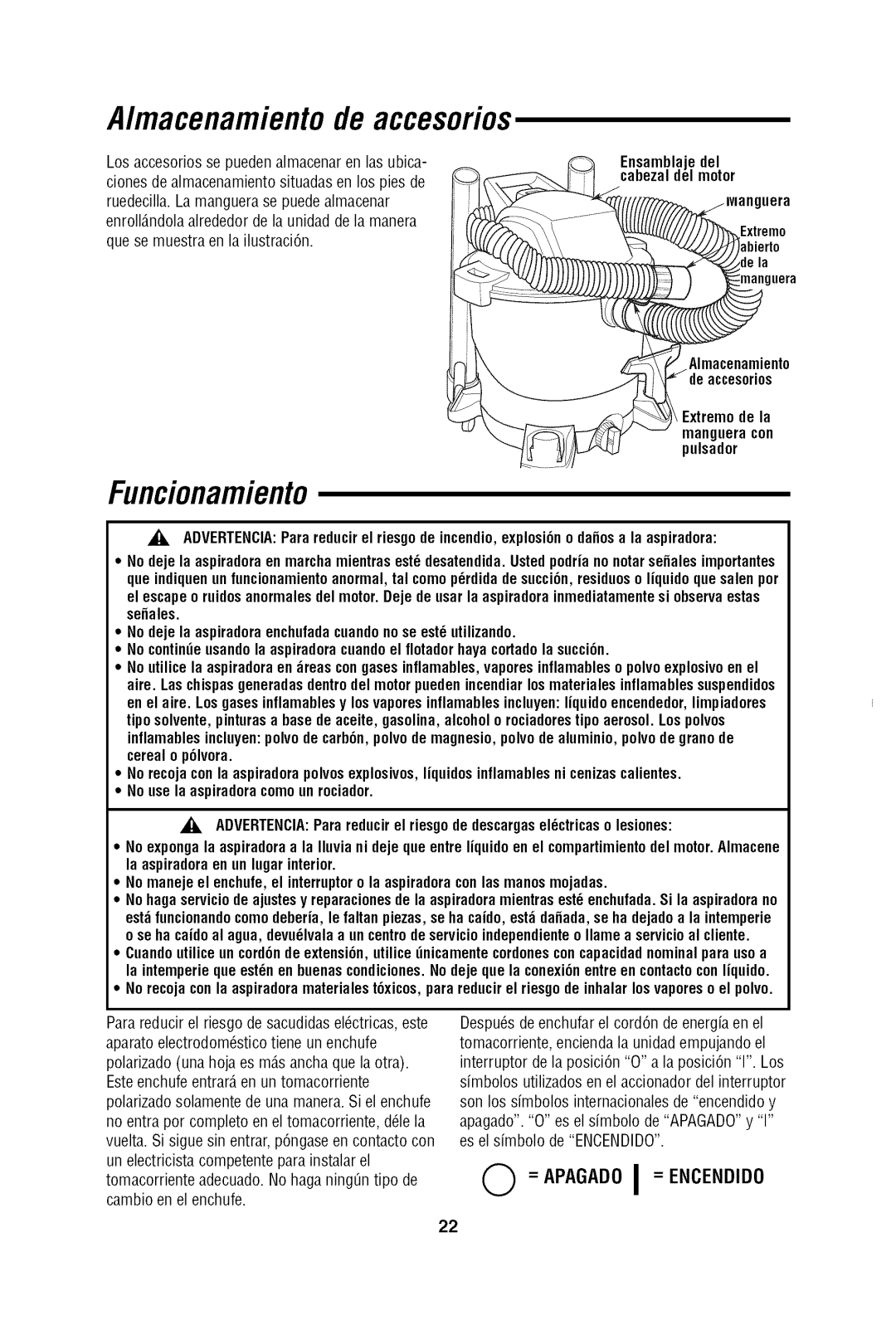 Craftsman 113.17965 owner manual Funcionamiento, Macenamiento de accesorios 