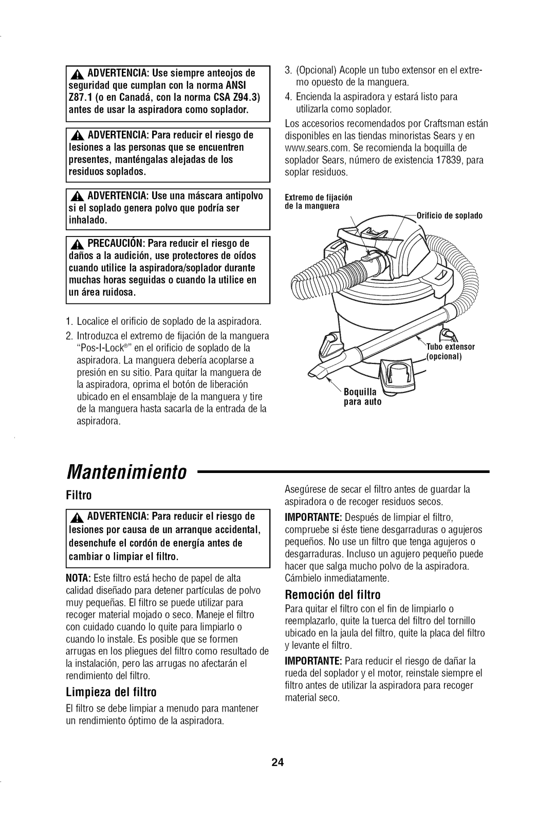 Craftsman 113.17965 owner manual Filtro, Limpieza del filtro, Remoci6n del filtro 