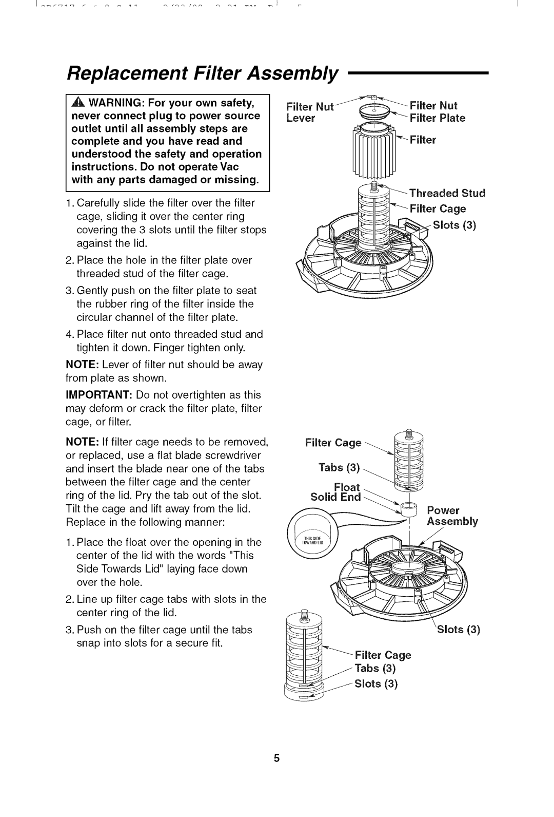 Craftsman 113.17965 owner manual Replacement Filter Assembly, Filter Lever, Power = Assembly 