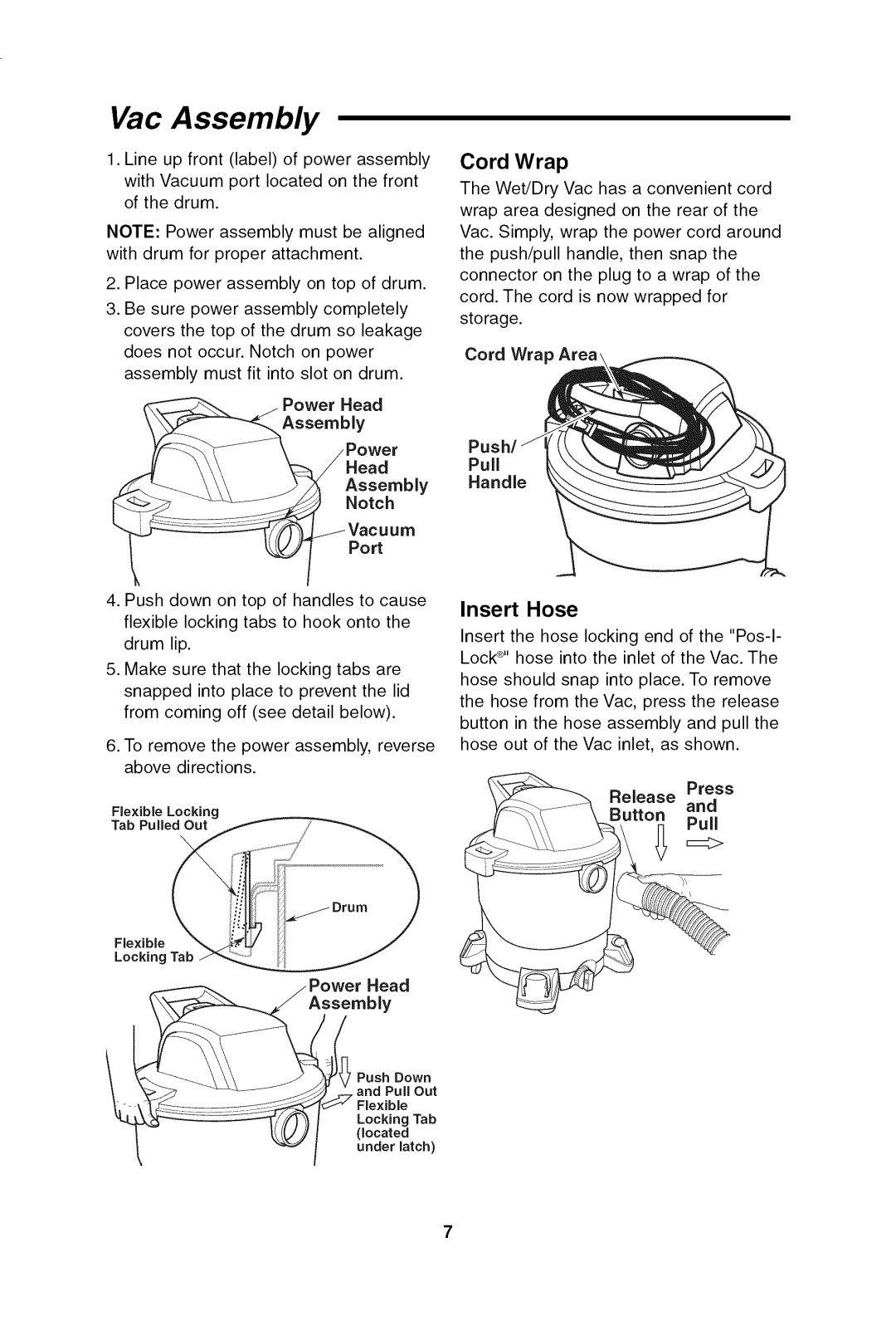 Craftsman 113.17965 owner manual Cord Wrap, Insert Hose 