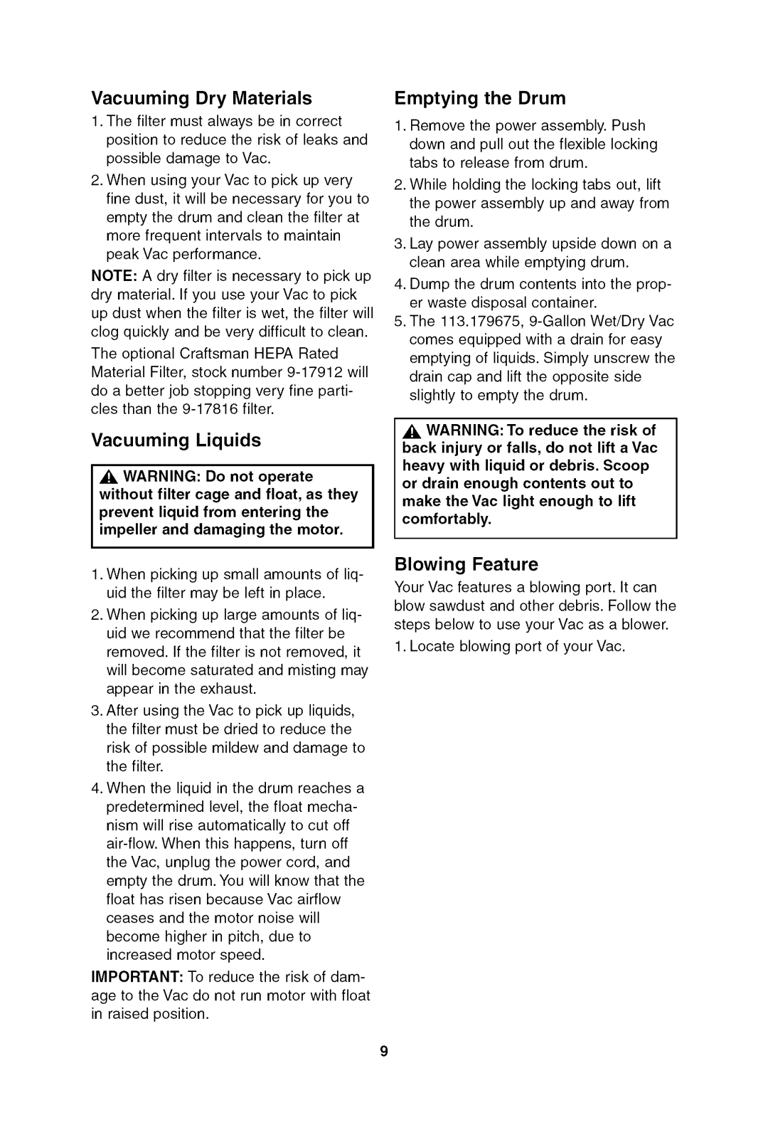 Craftsman 113.17965 owner manual Vacuuming Dry Materials, Vacuuming Liquids, Emptying the Drum, Blowing Feature 