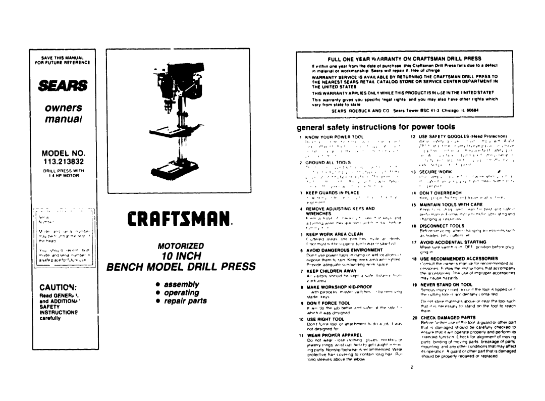 Craftsman 113.213832 warranty Model no, General safety instructions for power tools, Safety Instructions 