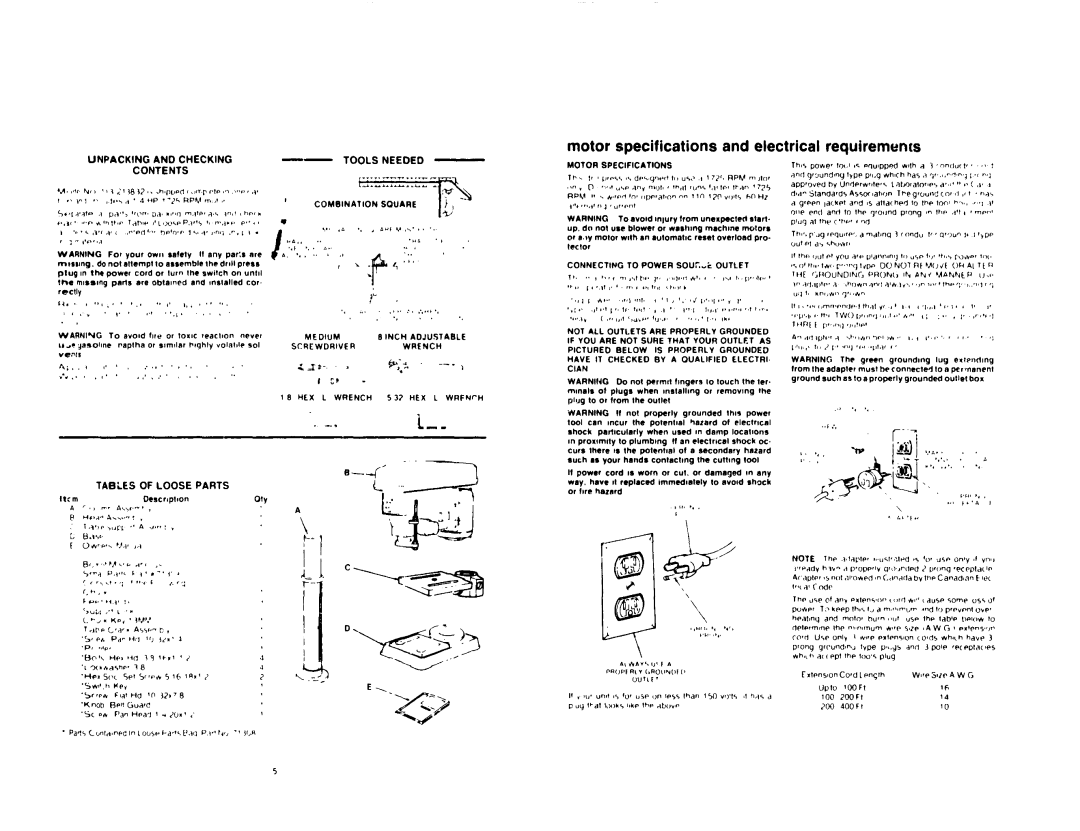 Craftsman 113.213832 Motor specifications and electrical requirements, Unpacking and Checking Tools Needed Contents 