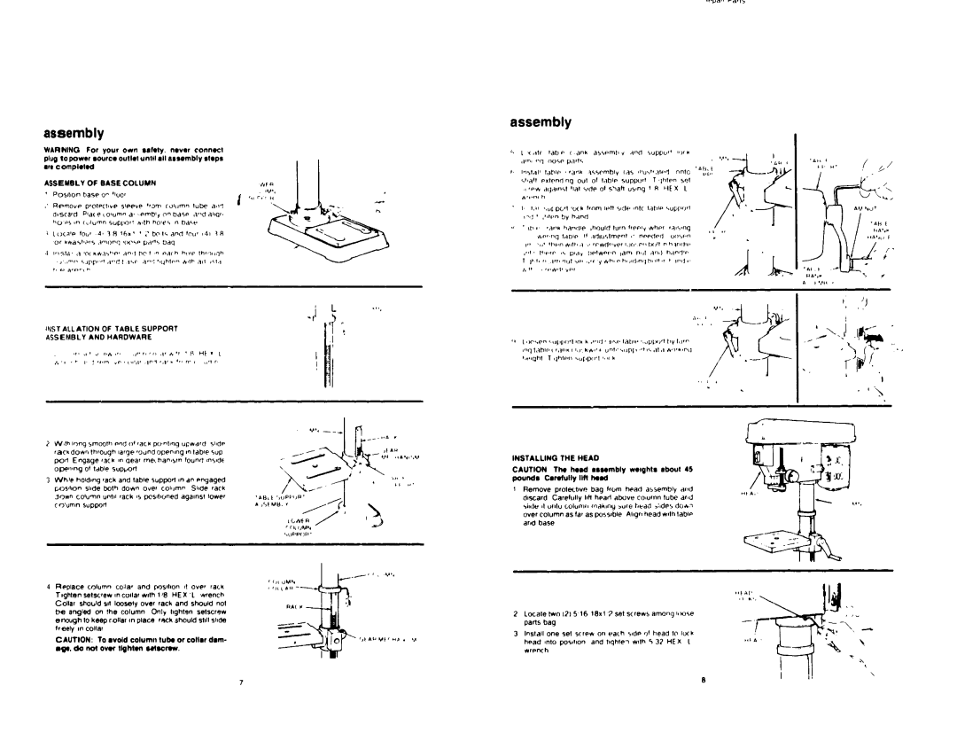 Craftsman 113.213832 warranty Assembly of Base Column, Installing the Head, Assembly and Hardware 