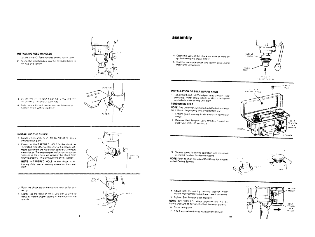 Craftsman 113.213832 Installation of Belt Guaro Knob, Tensioning Belt, Installing Feed Handles, Ended Dr,ll,ng Speeds 