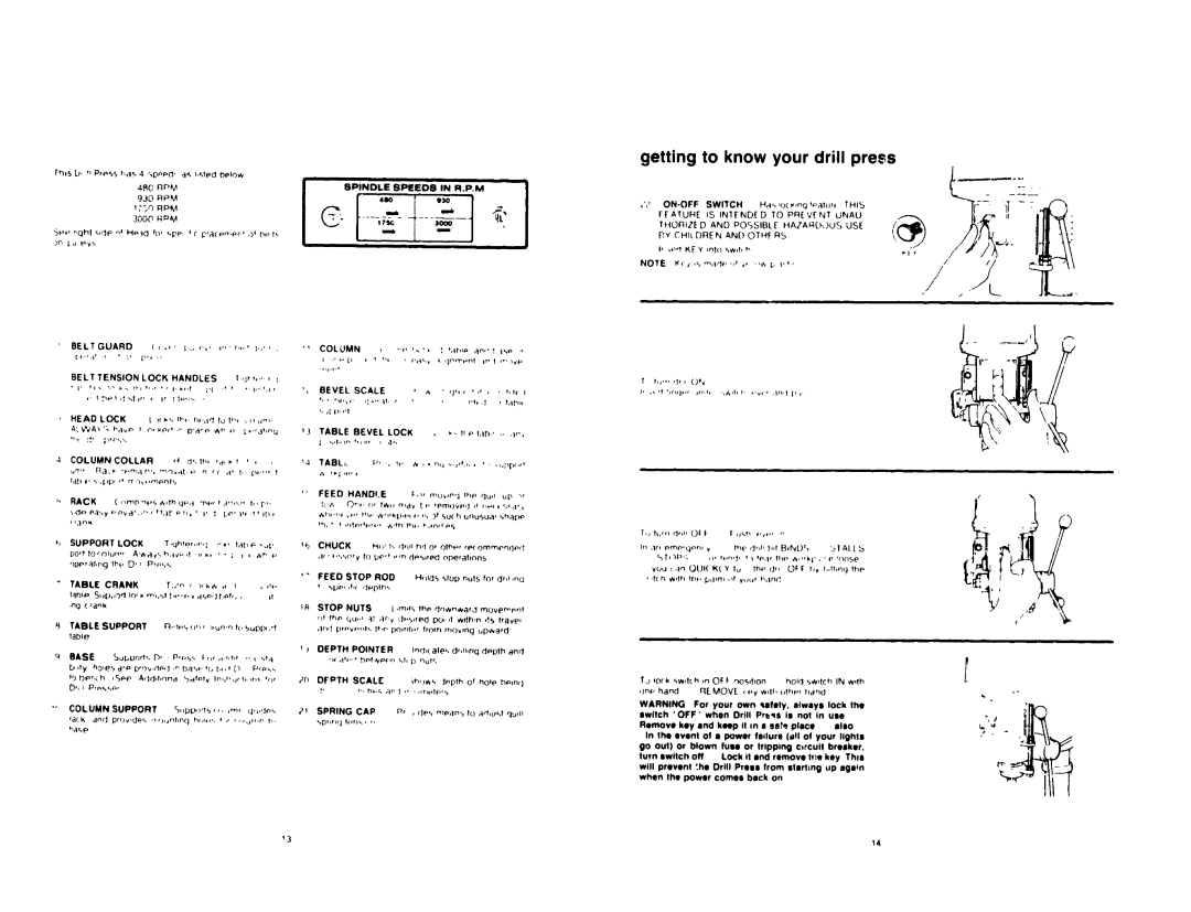 Craftsman 113.213832 warranty Getting to know your drill press, Table Support n,.., el,,, .un,n t, supp,, table 