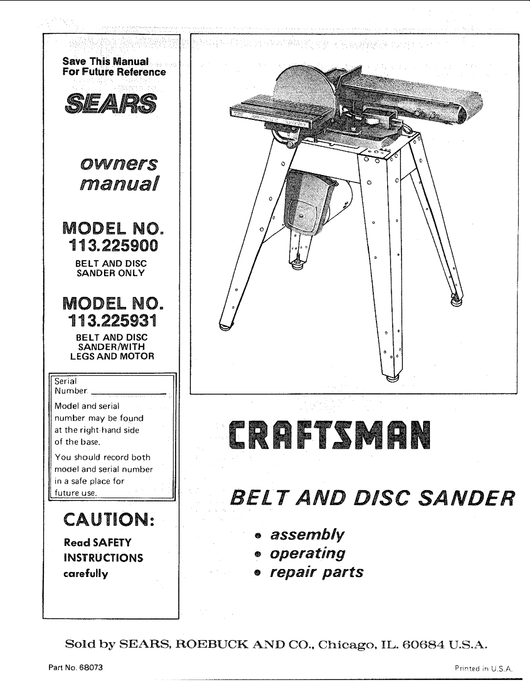 Craftsman 113.225909, 113.225931, 113.225900 manual Belt and Disc, Legs and Motor 