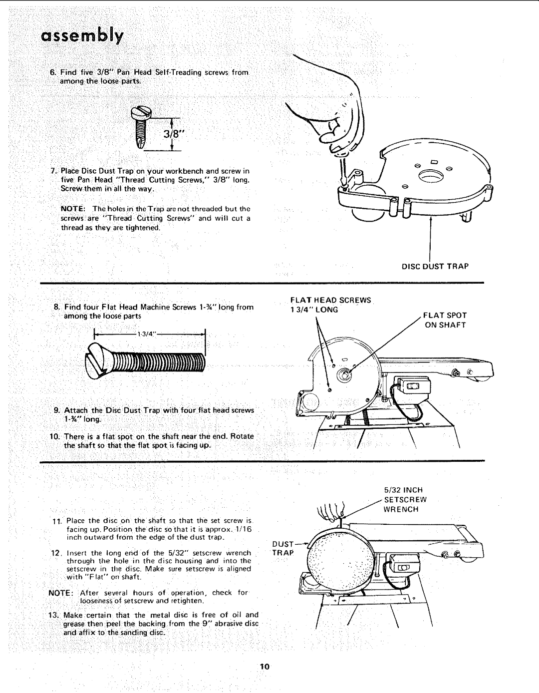 Craftsman 113.225909, 113.225931, 113.225900 manual Assembly, Flat Spot, Disc Dust Trap Flat Head Screws 