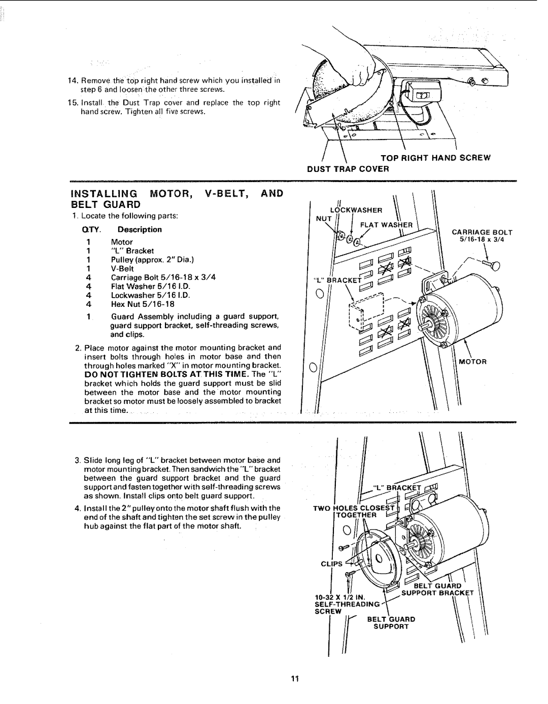 Craftsman 113.225900, 113.225931, 113.225909 manual TOP Right Hand Screw Dust Trap Cover, TWO Holes, Clips, 10-32 X 1/2 