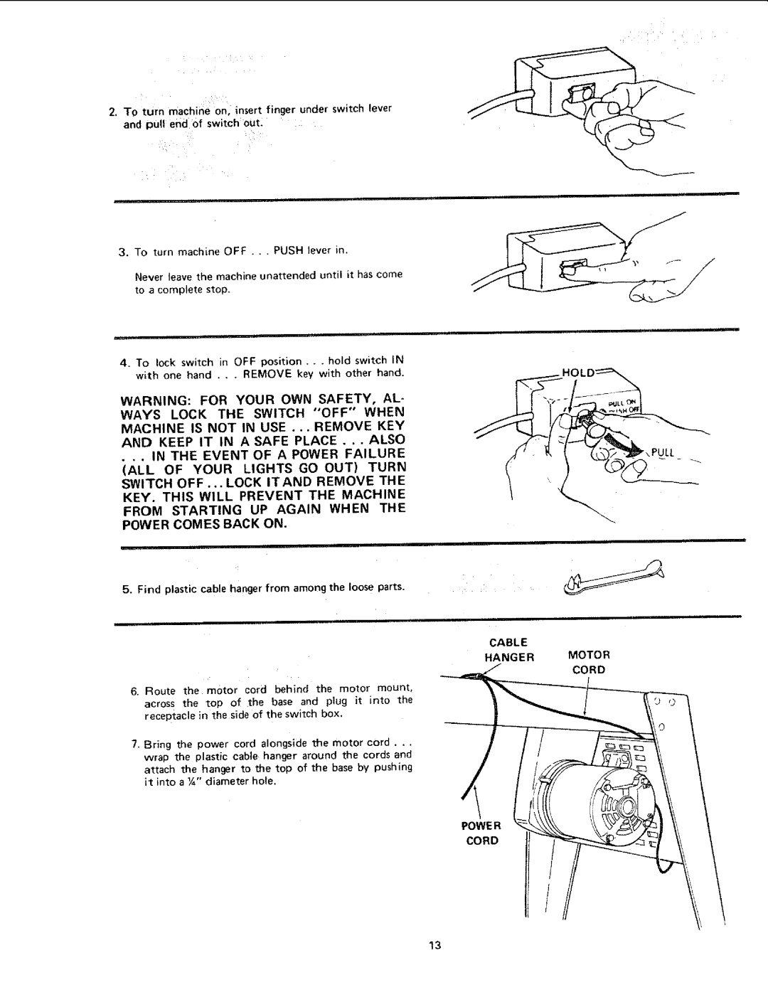 Craftsman 113.225909, 113.225931 manual Cable, Power Cord Motor Cord, Find plastic cable hanger from among the loose parts 