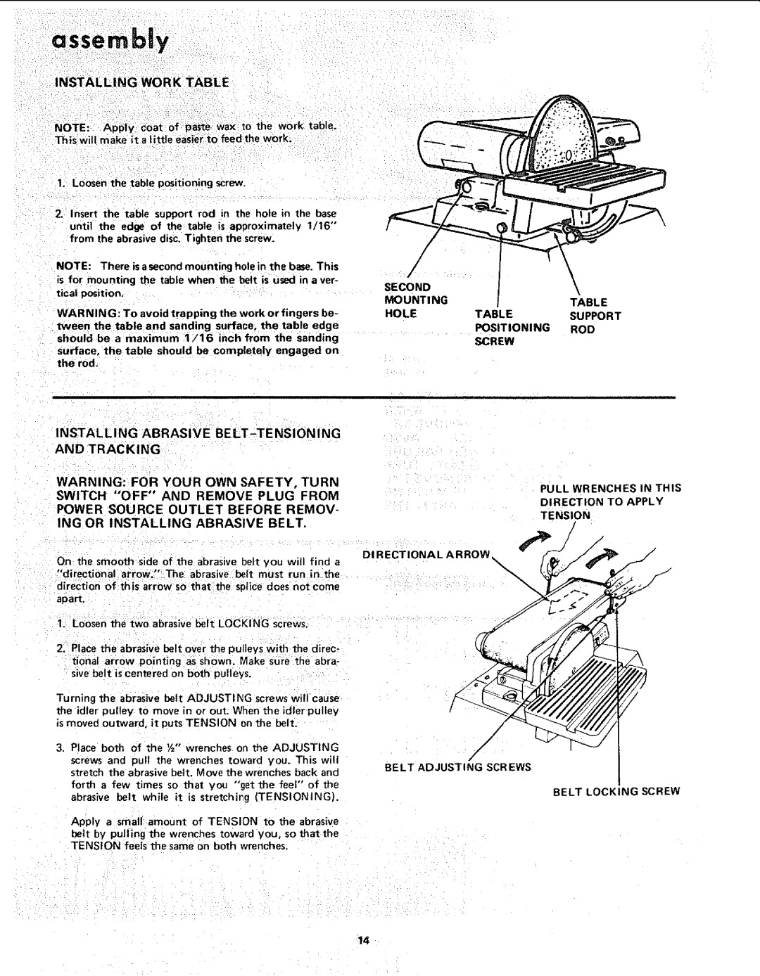 Craftsman 113.225900, 113.225931 Installing Work Table, Directional ARROW\ Be LT Adjusting SCR EWS, Belt Locking Screw 