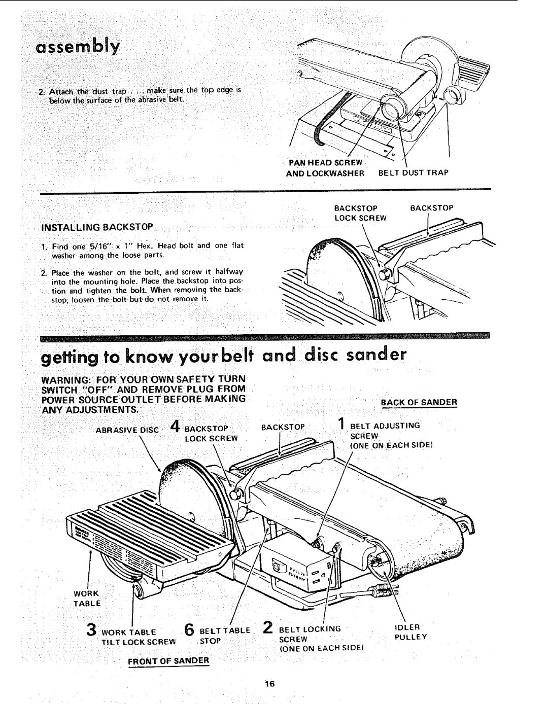 Craftsman 113.225909 manual AssembWy, Getting to know your belt and disc sander, Installing Backstop, ANY Aojustm Ents 