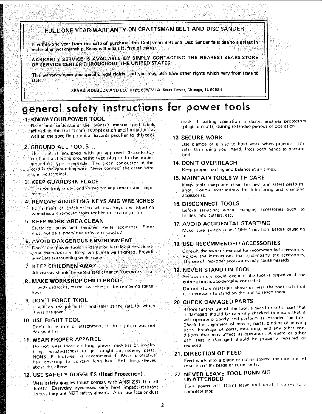 Craftsman 113.225900, 113.225931, 113.225909 manual General safety instructions, Power tools 