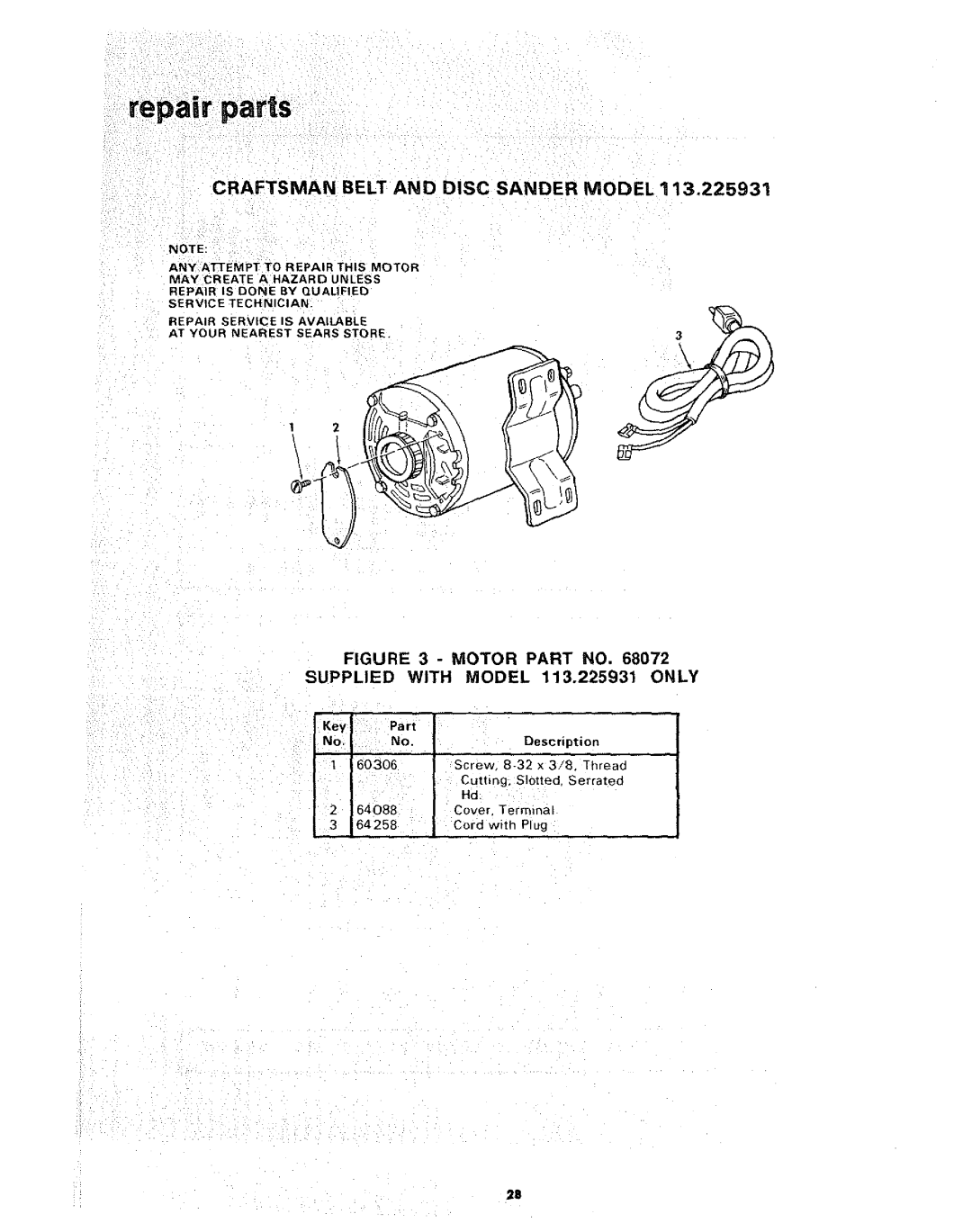 Craftsman 113.225909, 113.225931, 113.225900 manual Repair parts, Key Part Description, With Plug 