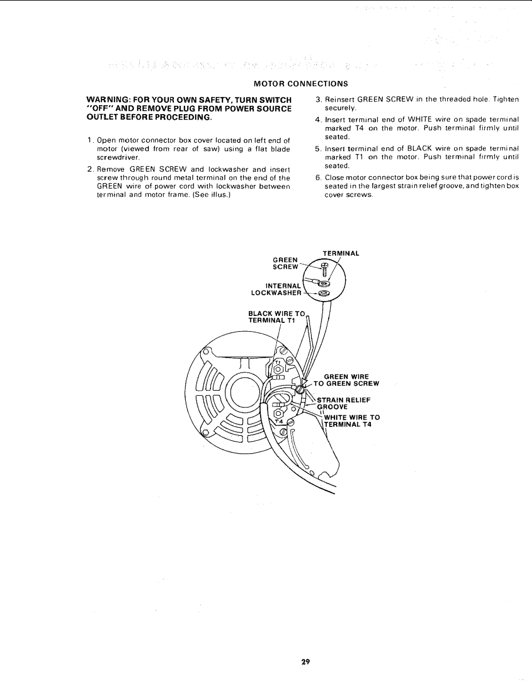 Craftsman 113.225900, 113.225931, 113.225909 Outlet Before Proceeding, Black Wire to Terminal T1 Green Wire to Green Screw 