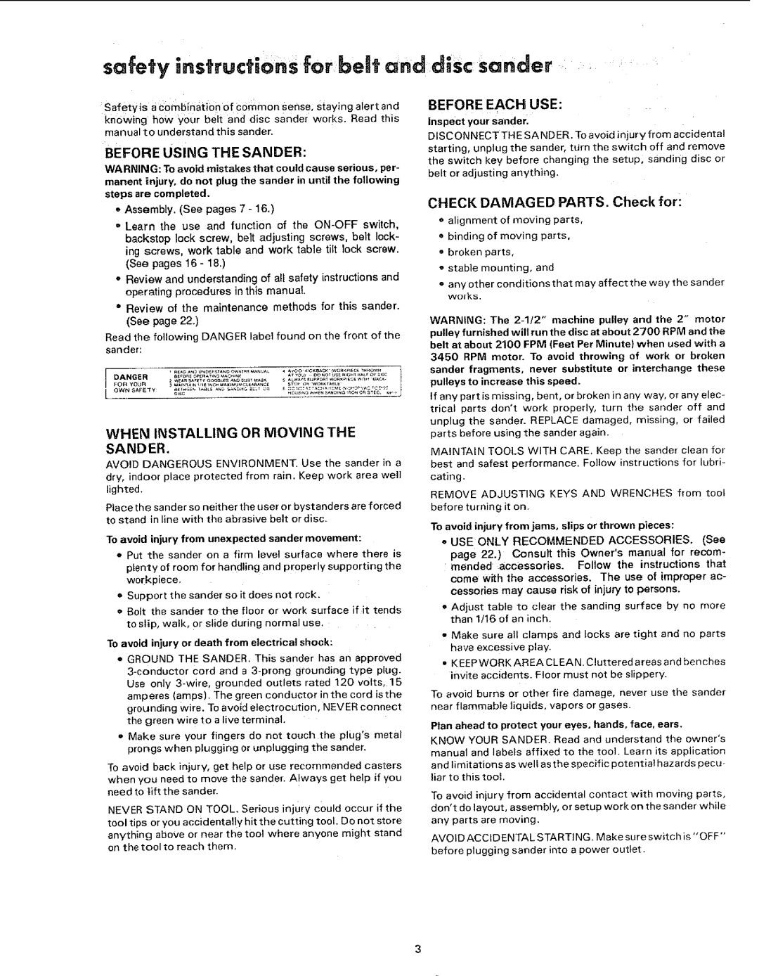 Craftsman 113.225931, 113.225909, 113.225900 manual Before Using the Sander, Before Each USE 